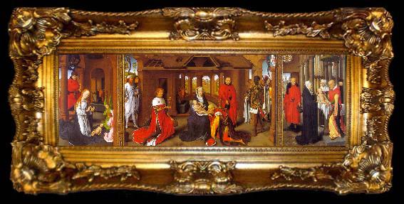 framed  Hans Memling Triptych featuring The Nativity, The Adoration of the Magi The Presentation in the Temple, ta009-2